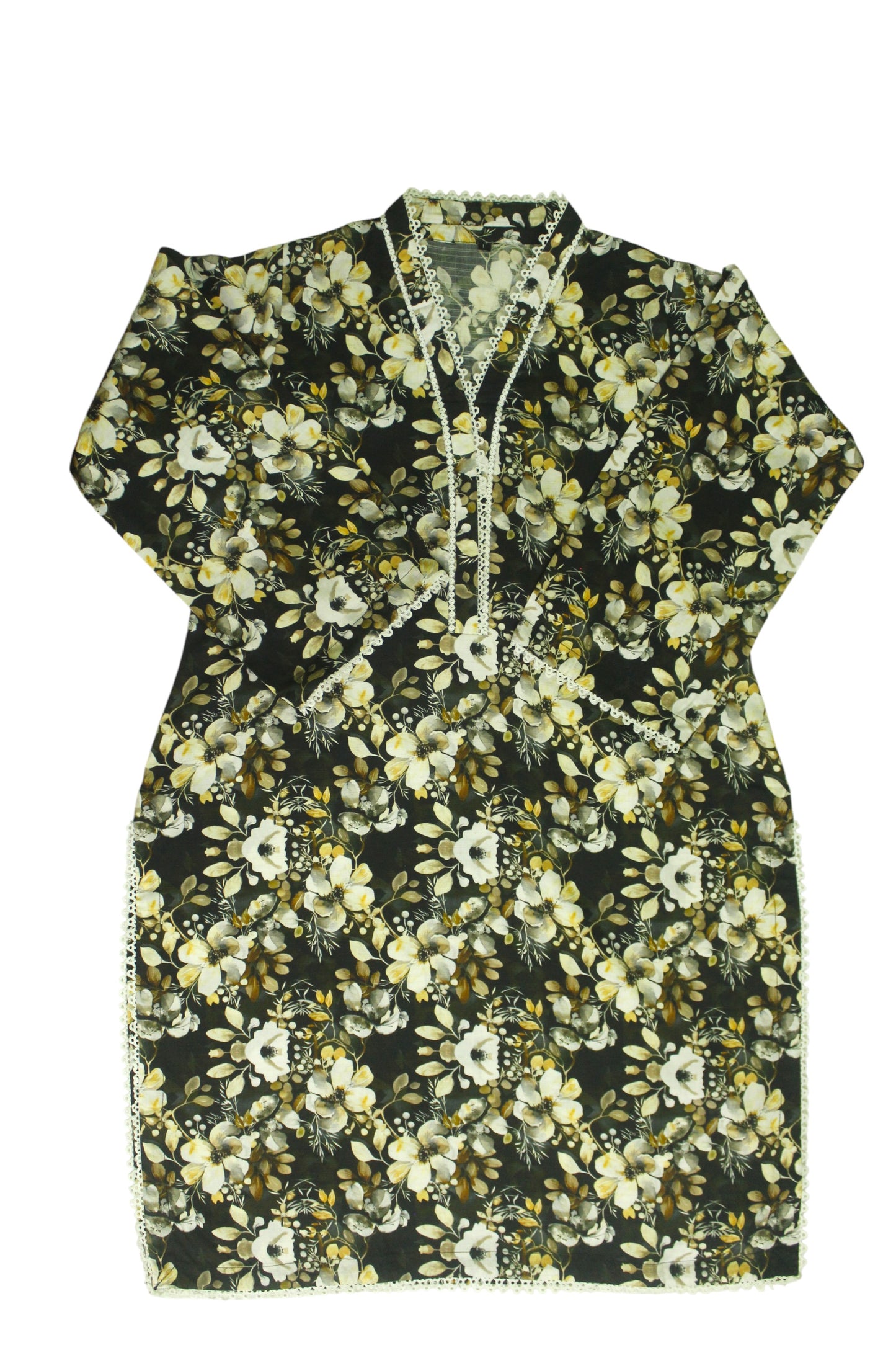 Black Printed Linen 3-Piece Banadora Suit with Lace Detailing