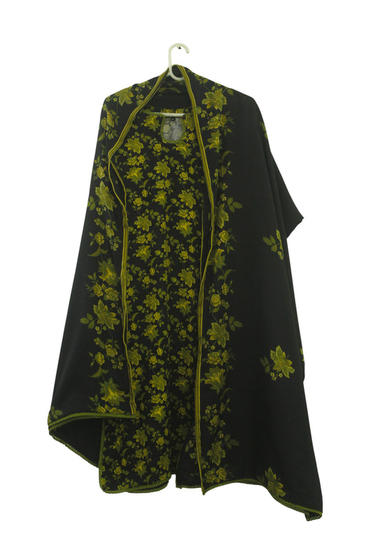 Elegant 3-Piece Printed Linen Banadora Suit with Lace Detailing – Black & Olive Green