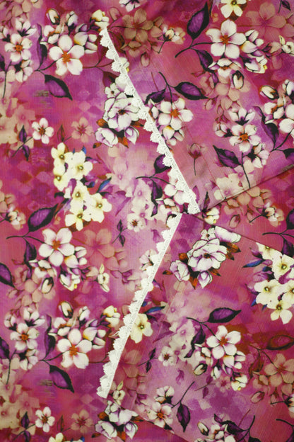 Pink Floral Printed Linen 3-Piece Banadora Suit with Pearl & Lace Detailing