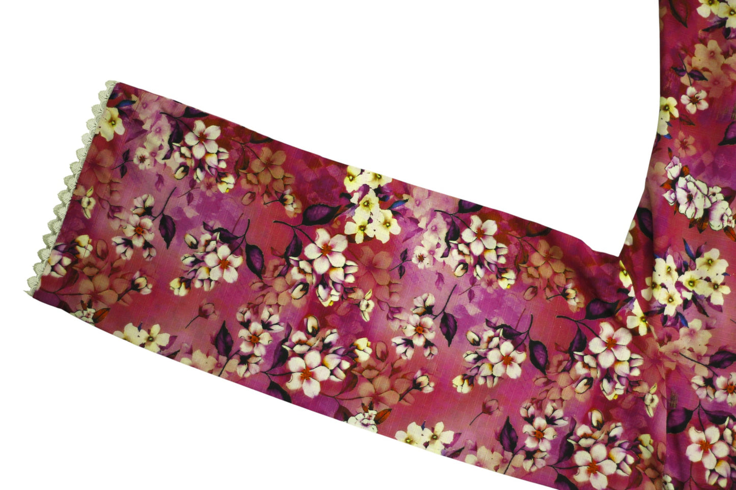 Pink Floral Printed Linen 3-Piece Banadora Suit with Pearl & Lace Detailing