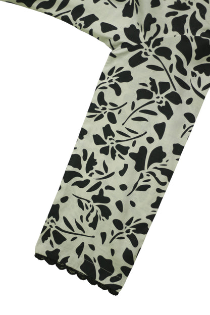 Grey Printed Linen 3-Piece Banadora Suit with Black Pattern & Lace Detailing