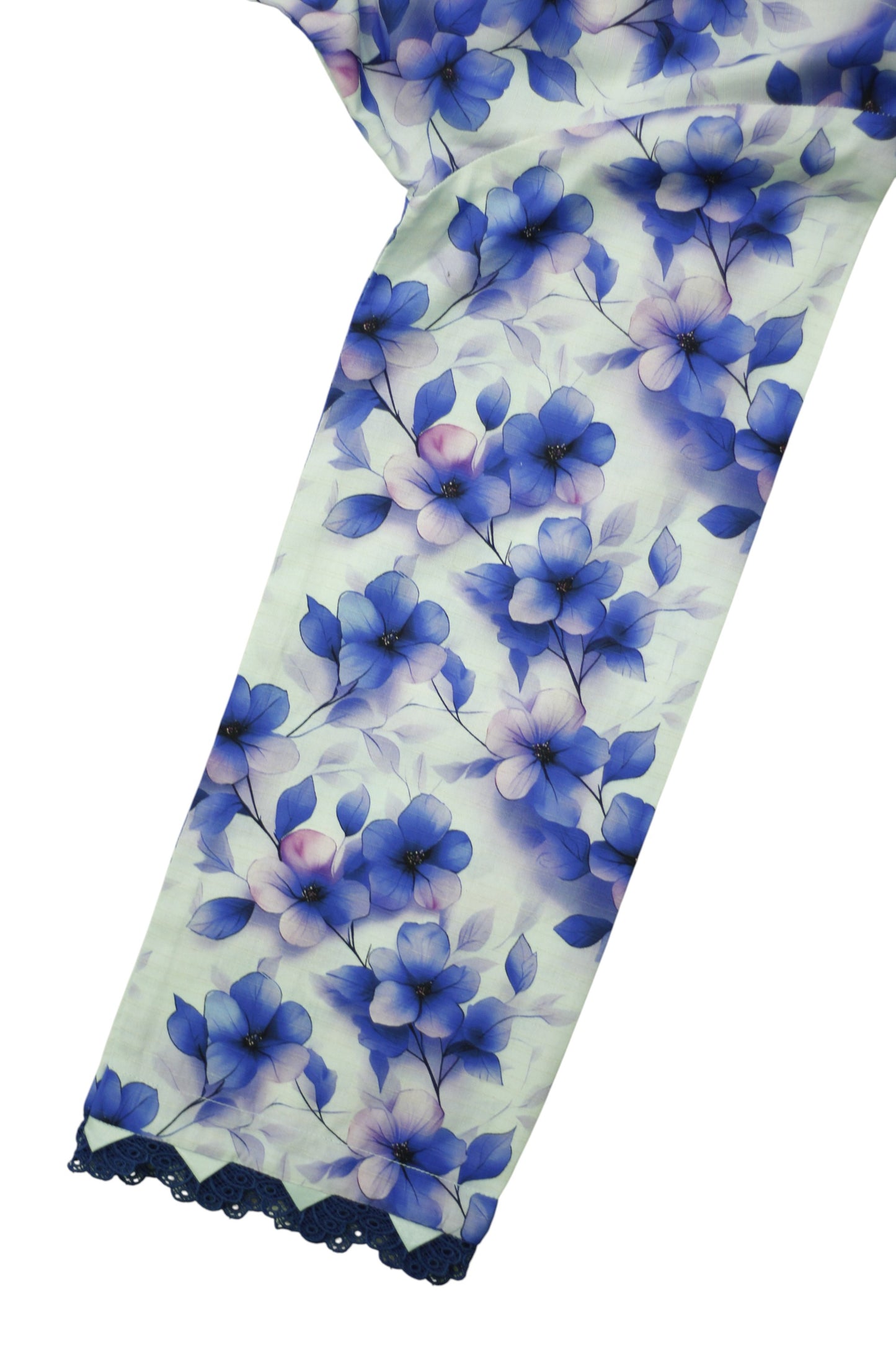 Creamy White 3-Piece Linen Banadora Suit with Blue Floral & Leaf Print and Lace