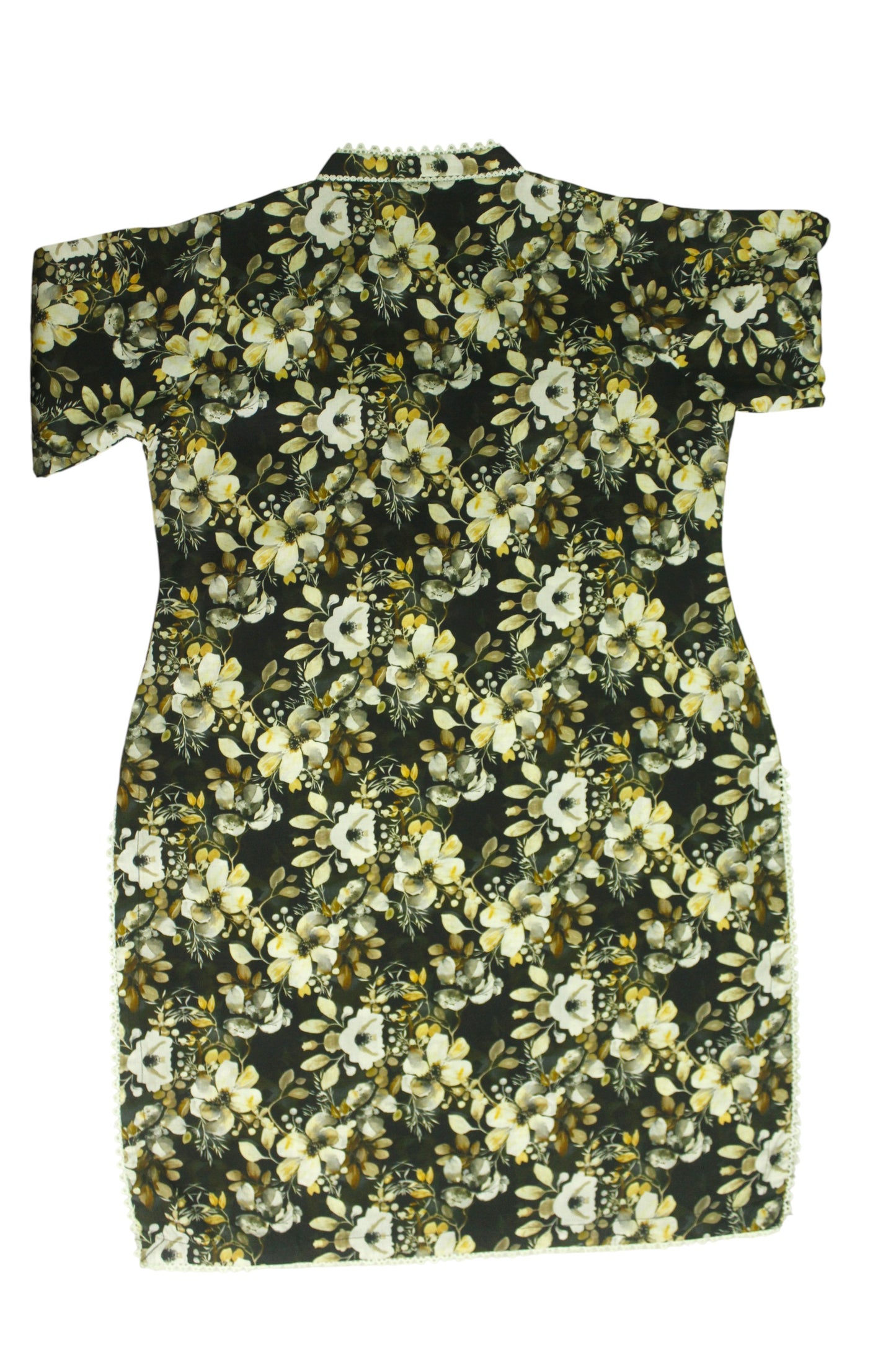 Black Printed Linen 3-Piece Banadora Suit with Lace Detailing