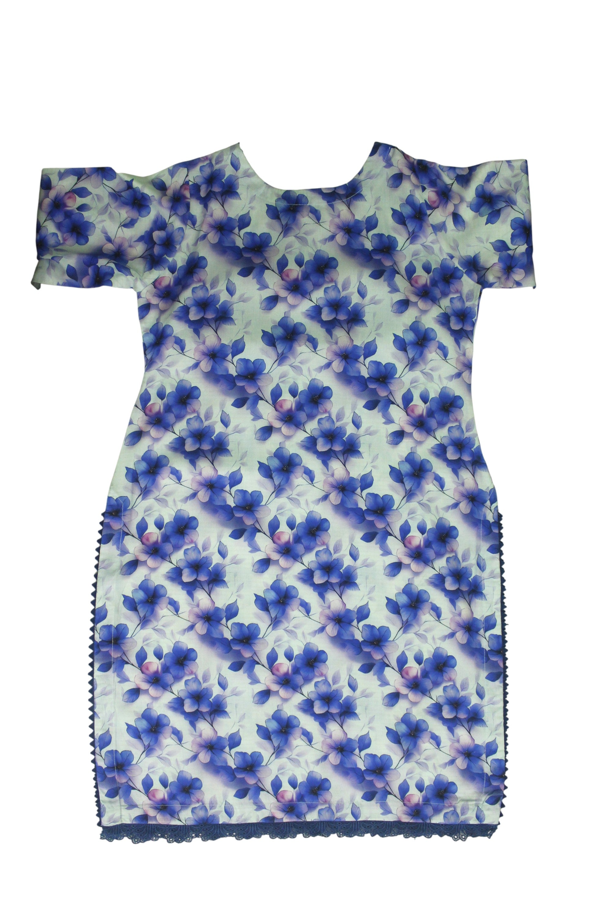 Creamy White 3-Piece Light Khaddar Suit with Blue Floral & Leaf Print and Lace