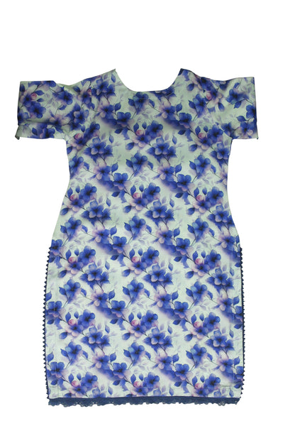 Creamy White 3-Piece Linen Banadora Suit with Blue Floral & Leaf Print and Lace