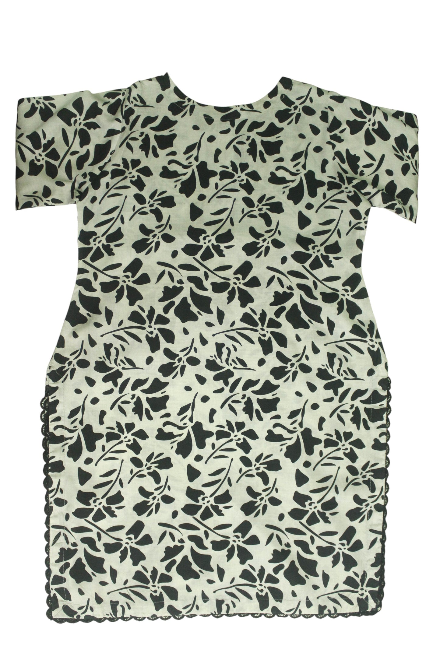 Grey Printed Linen 3-Piece Banadora Suit with Black Pattern & Lace Detailing