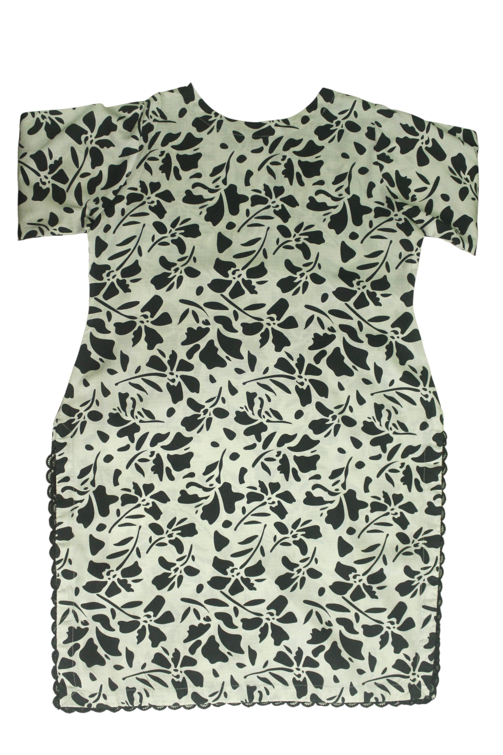 Grey Printed Light Khaddar 3-Piece Suit with Black Pattern & Lace Detailing