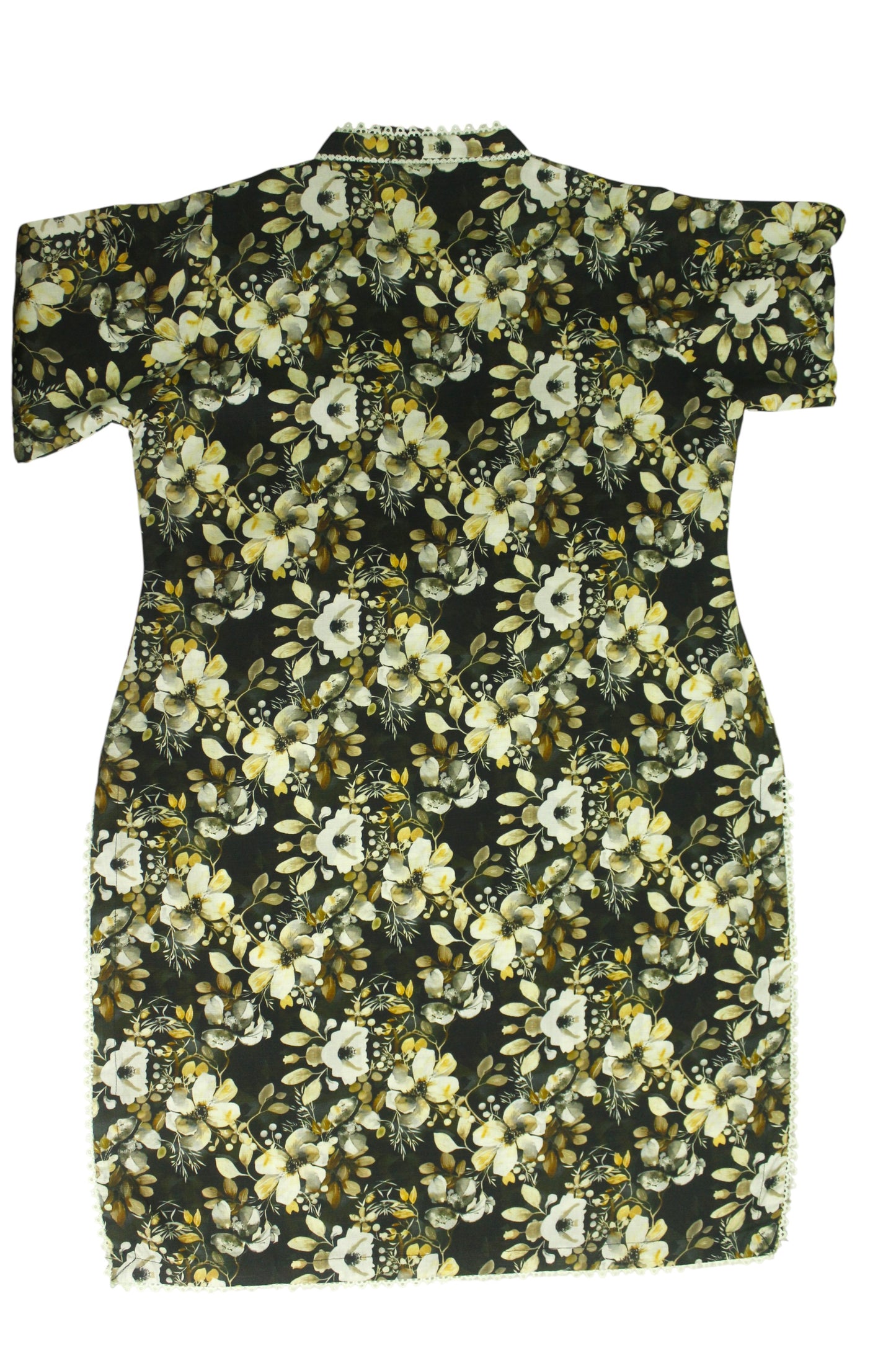 Black Printed Linen 3-Piece Banadora Suit with Lace Detailing