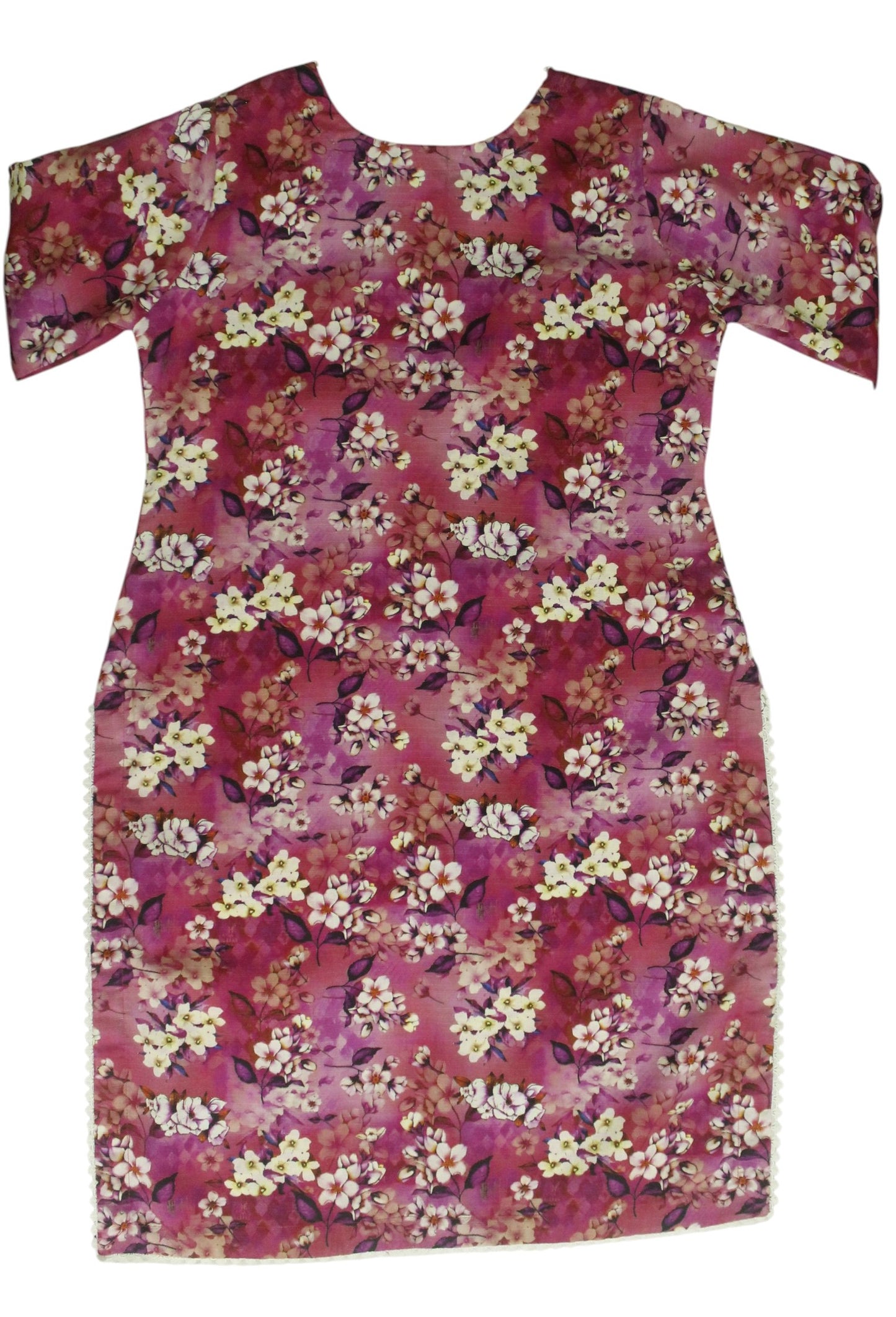 Pink Floral Printed Linen 3-Piece Banadora Suit with Pearl & Lace Detailing