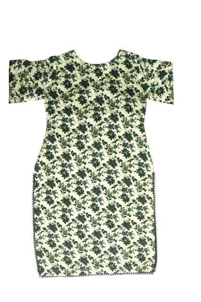 Cream White Printed Linen 3-Piece Banadora Suit with Green Floral & Lace Detailing