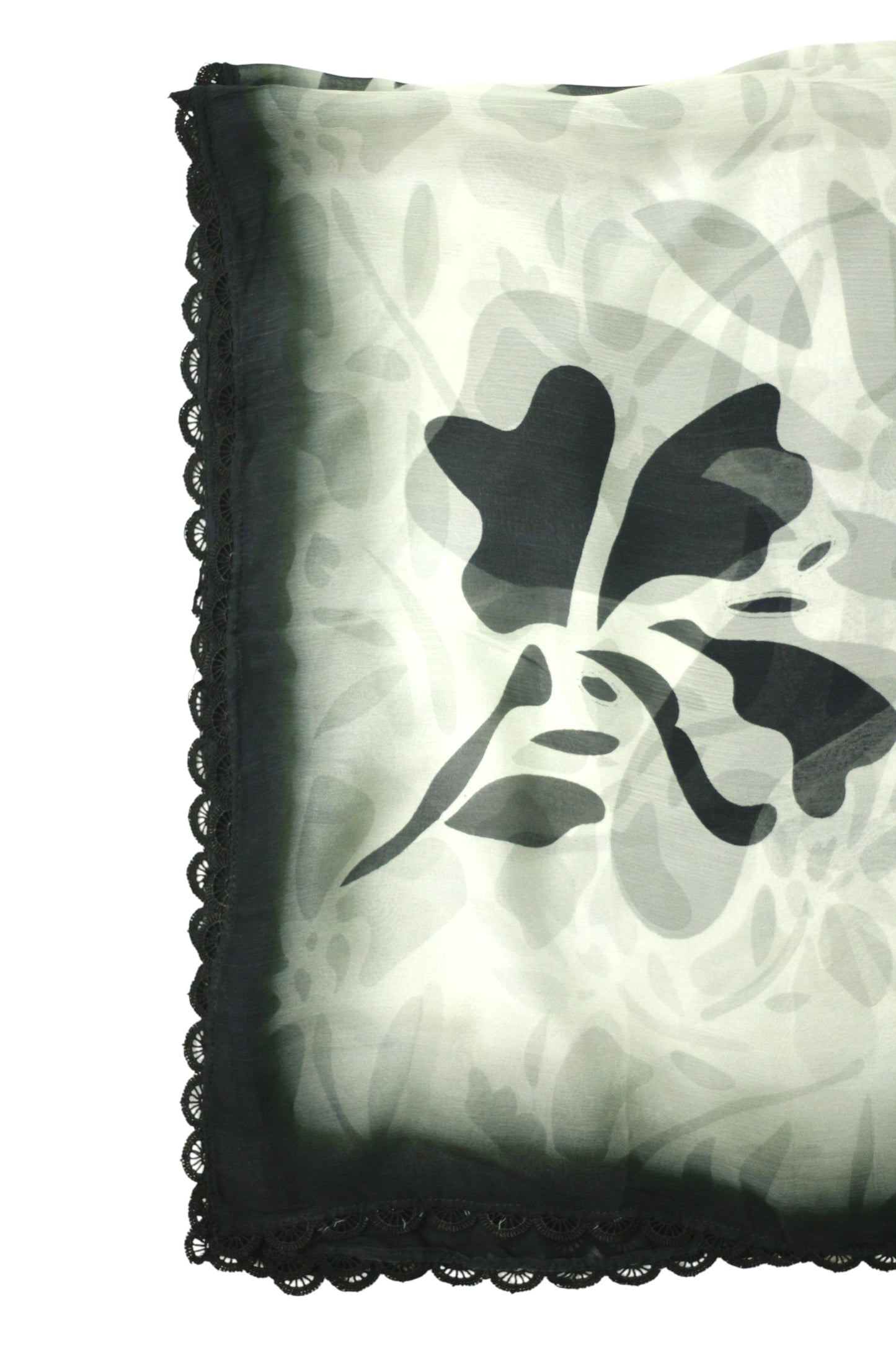 Grey Printed Linen 3-Piece Banadora Suit with Black Pattern & Lace Detailing