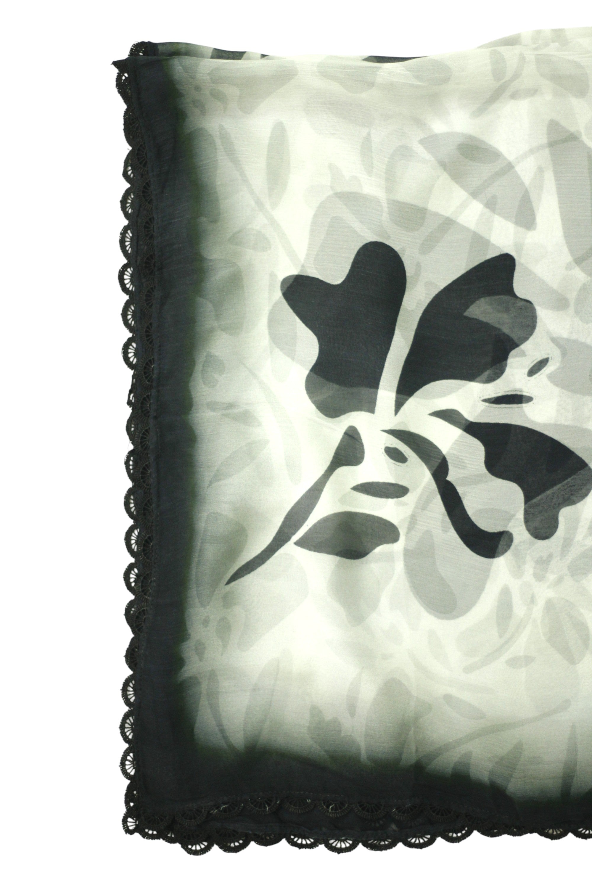 Grey Printed Light Khaddar 3-Piece Suit with Black Pattern & Lace Detailing