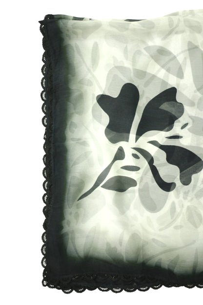 Grey Printed Linen 3-Piece Banadora Suit with Black Pattern & Lace Detailing