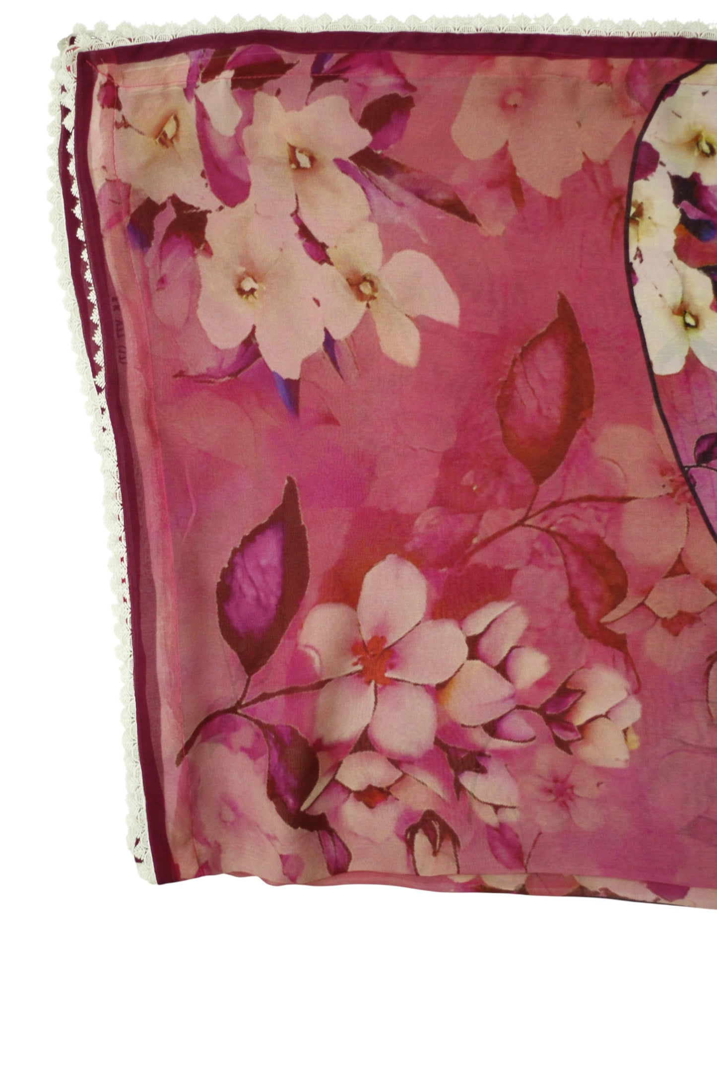 Pink Floral Printed Linen 3-Piece Banadora Suit with Pearl & Lace Detailing