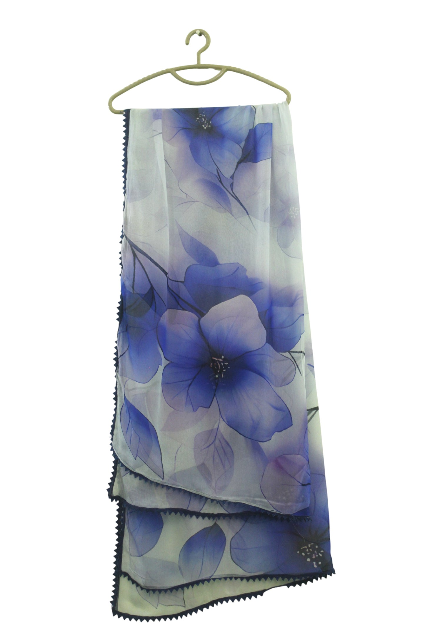 Creamy White 3-Piece Linen Banadora Suit with Blue Floral & Leaf Print and Lace