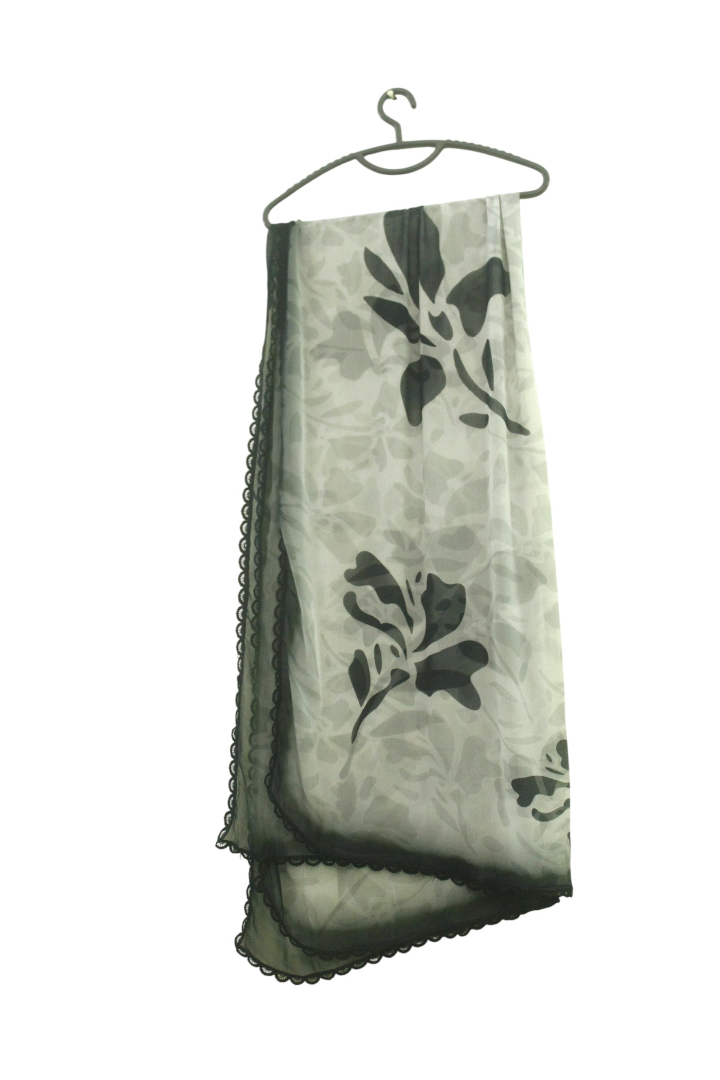 Grey Printed Linen 3-Piece Banadora Suit with Black Pattern & Lace Detailing