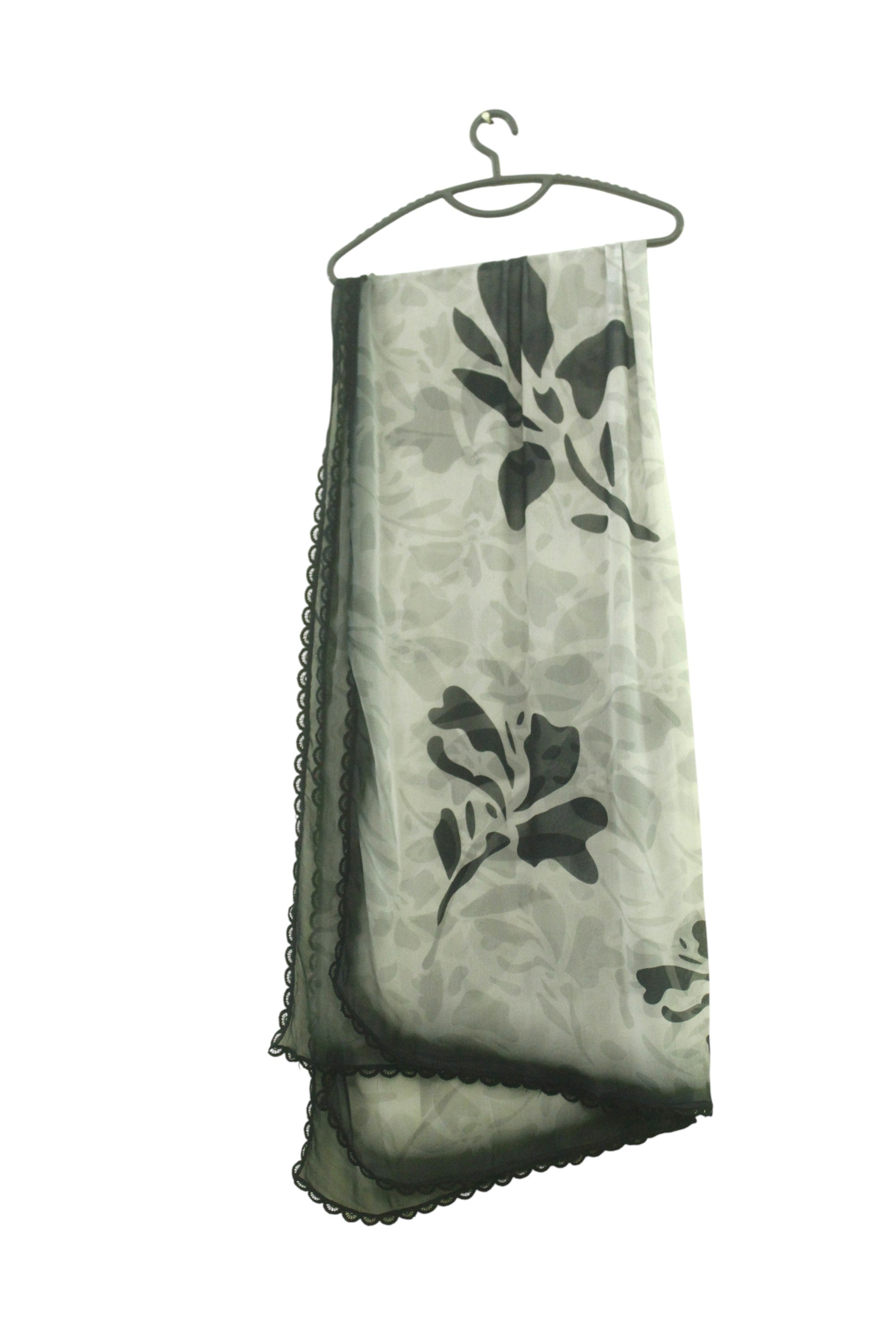 Grey Printed Light Khaddar 3-Piece Suit with Black Pattern & Lace Detailing