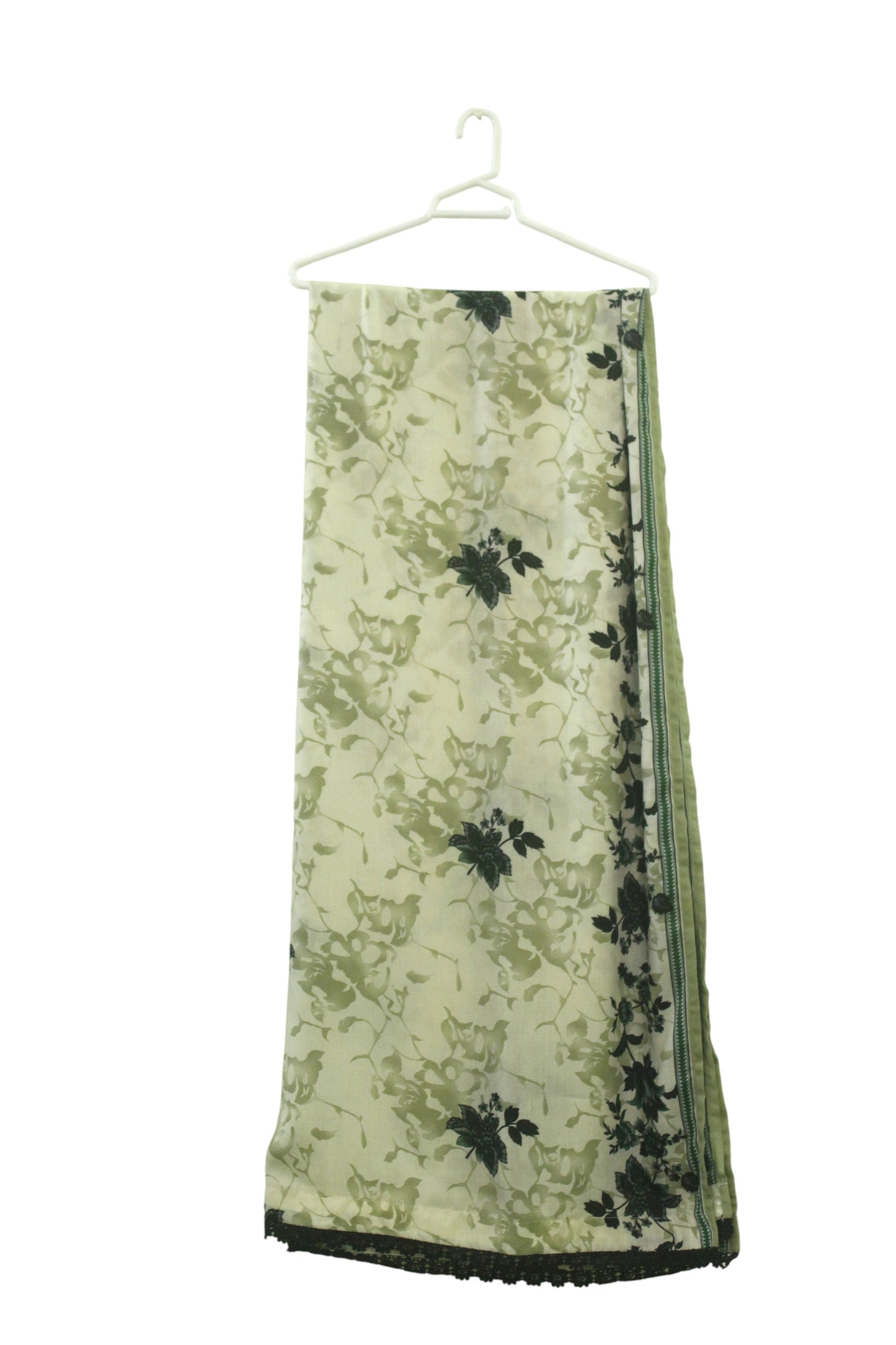 Cream White Printed Linen 3-Piece Banadora Suit with Green Floral & Lace Detailing