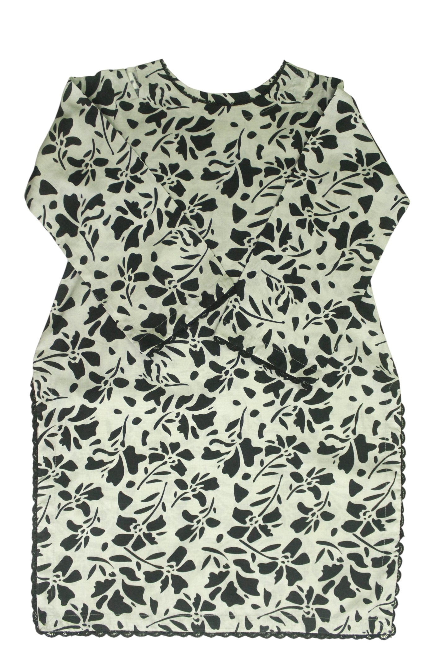 Grey Printed Linen 3-Piece Banadora Suit with Black Pattern & Lace Detailing