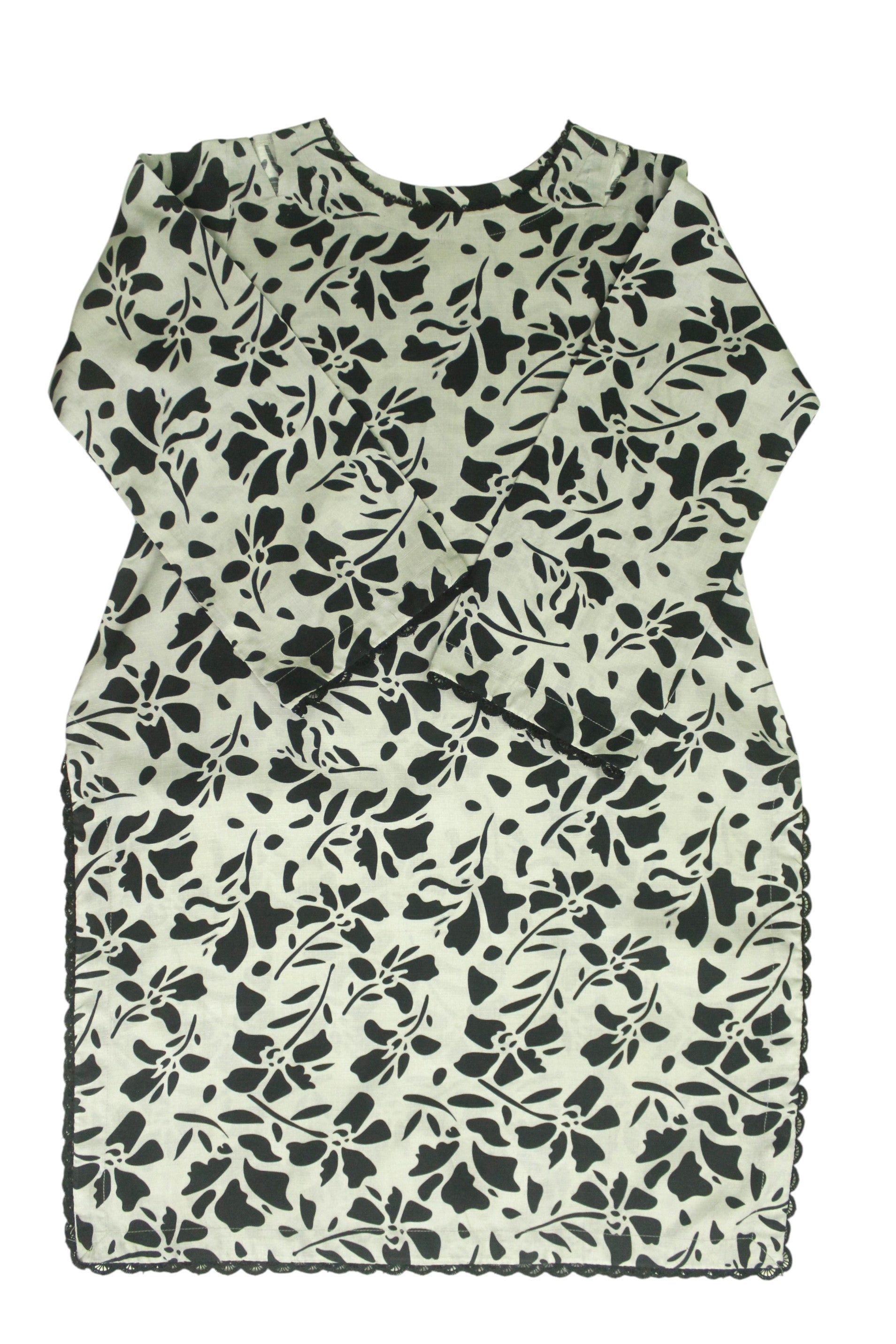 Grey Printed Light Khaddar 3-Piece Suit with Black Pattern & Lace Detailing