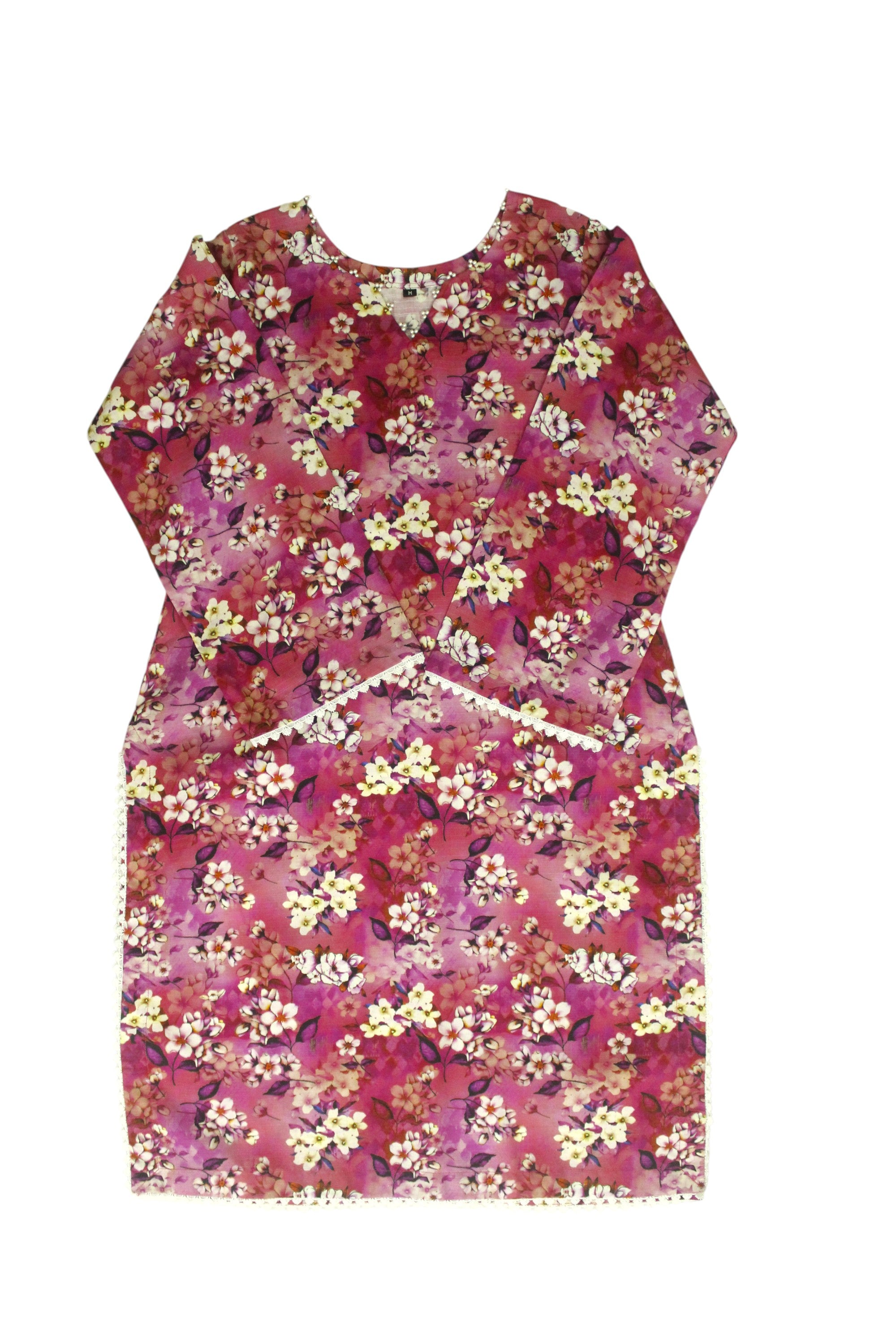 Pink Floral Printed Light Khaddar 3-Piece Suit with Pearl & Lace Detailing