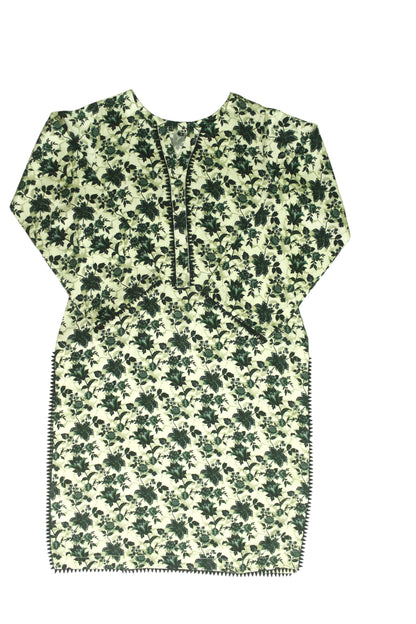 Cream White Printed Linen 3-Piece Banadora Suit with Green Floral & Lace Detailing