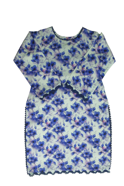 Creamy White 3-Piece Linen Banadora Suit with Blue Floral & Leaf Print and Lace