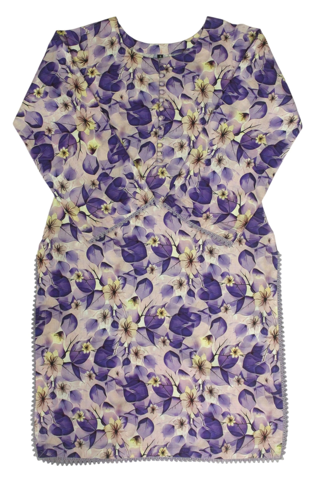 Lavender Printed Light Khaddar 2-Piece Suit with Lace & Button Detailing