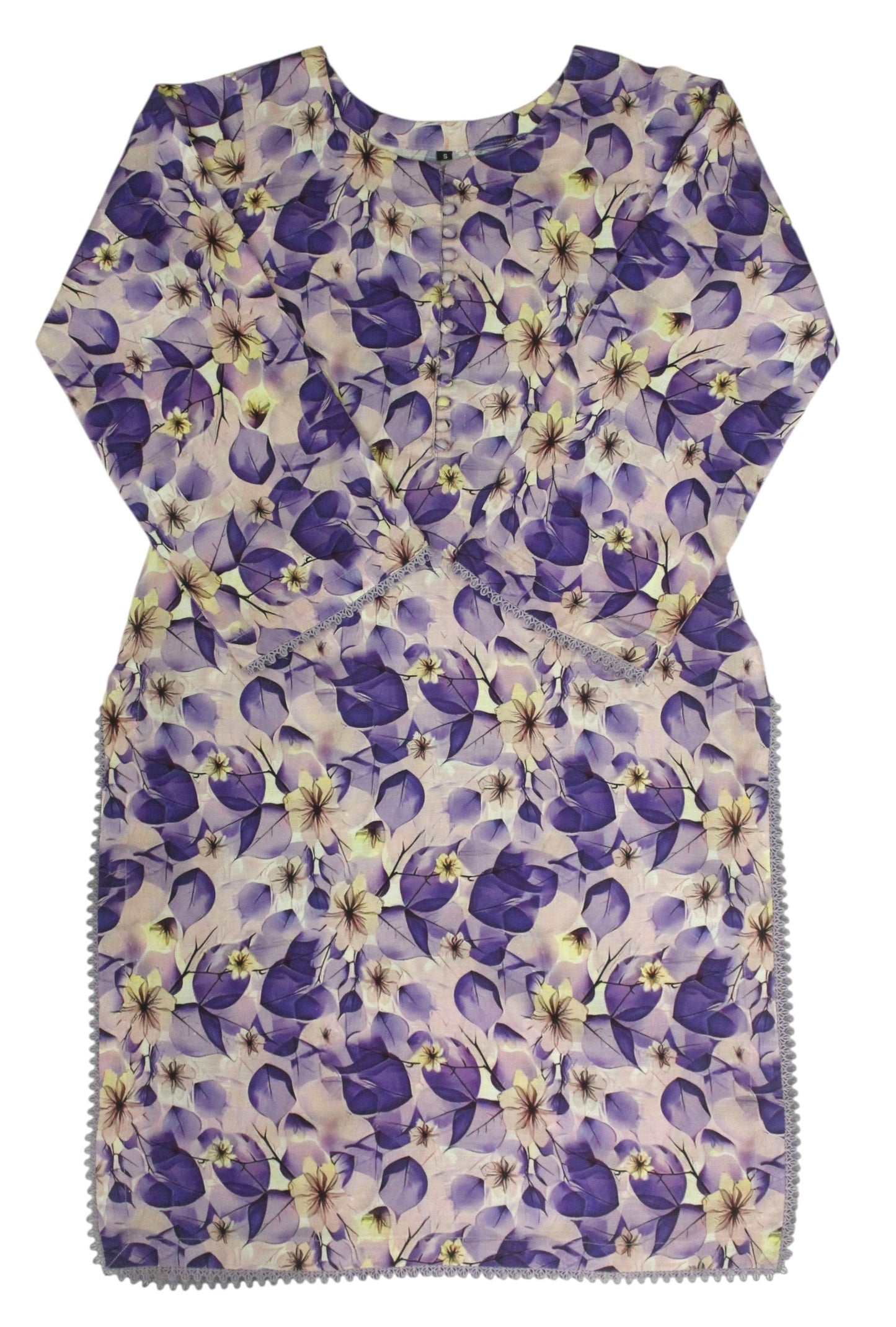 Lavender Printed Linen 2-Piece Banadora Suit with Lace & Button Detailing