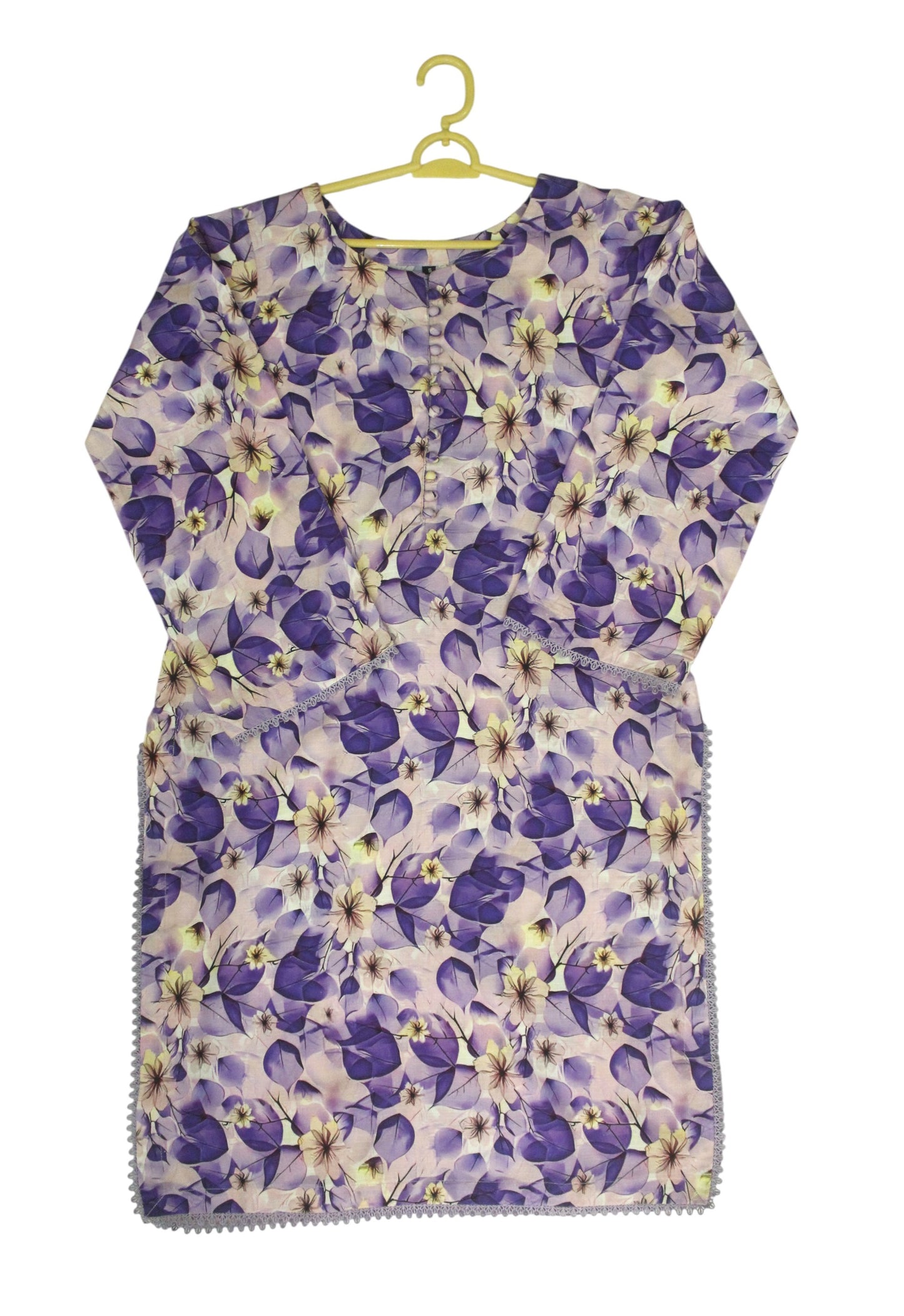 Lavender Printed Linen 2-Piece Banadora Suit with Lace & Button Detailing