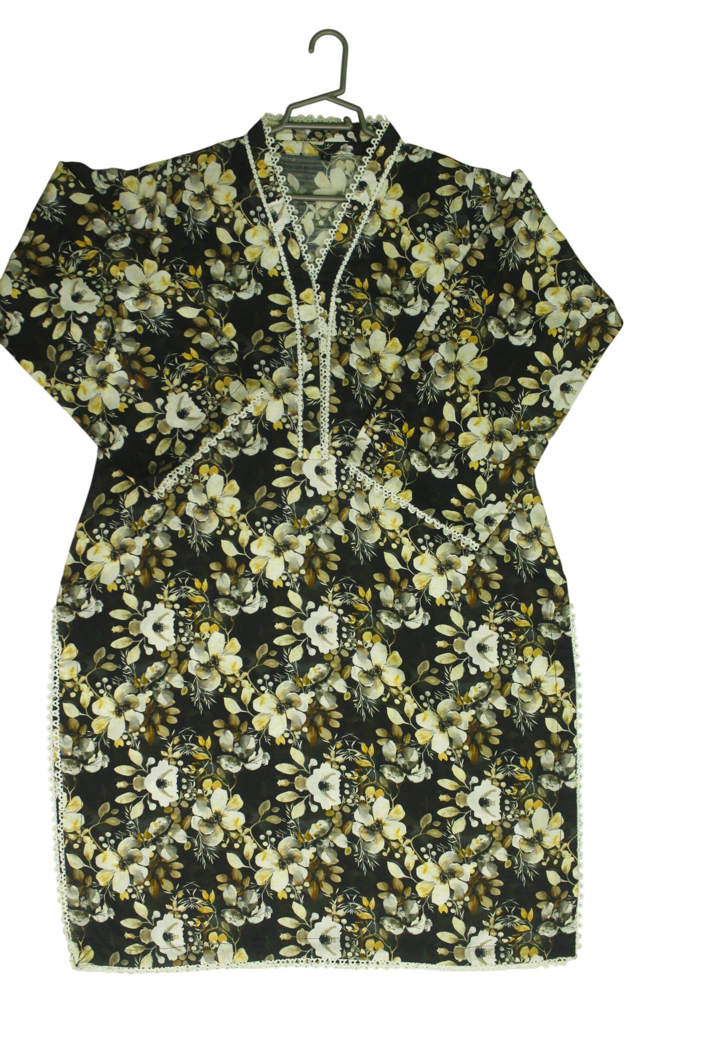 Black Printed Linen 3-Piece Banadora Suit with Lace Detailing