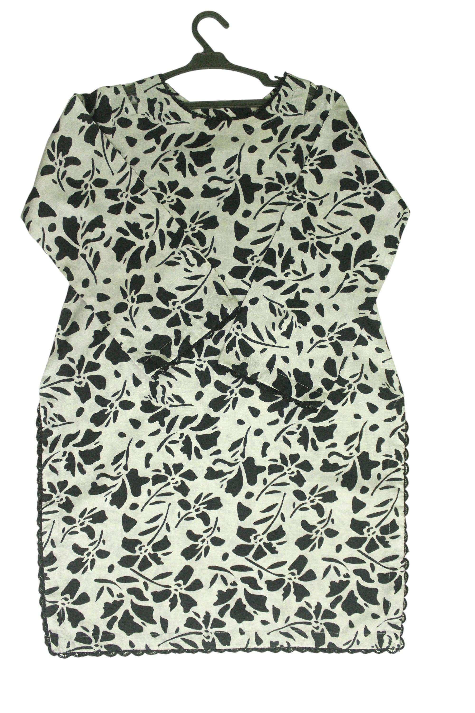 Grey Printed Light Khaddar 3-Piece Suit with Black Pattern & Lace Detailing