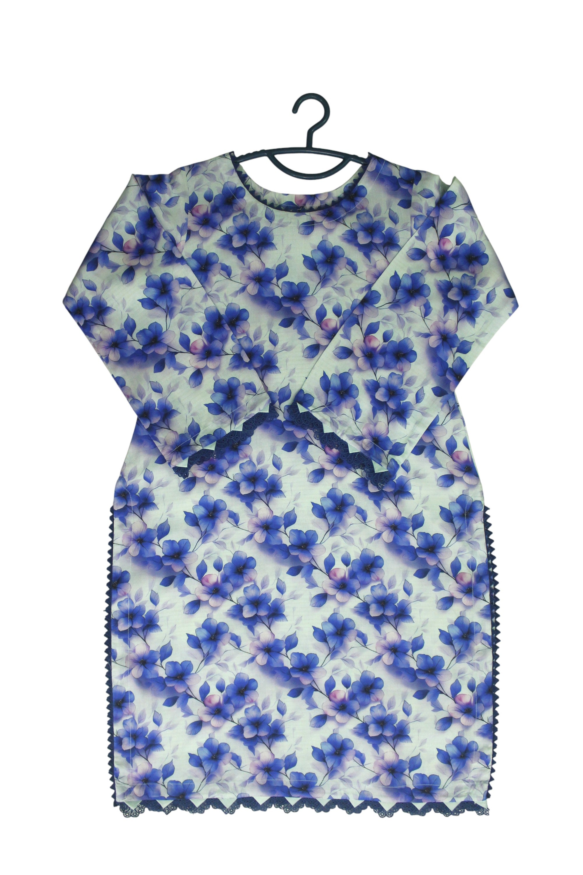 Creamy White 3-Piece Light Khaddar Suit with Blue Floral & Leaf Print and Lace