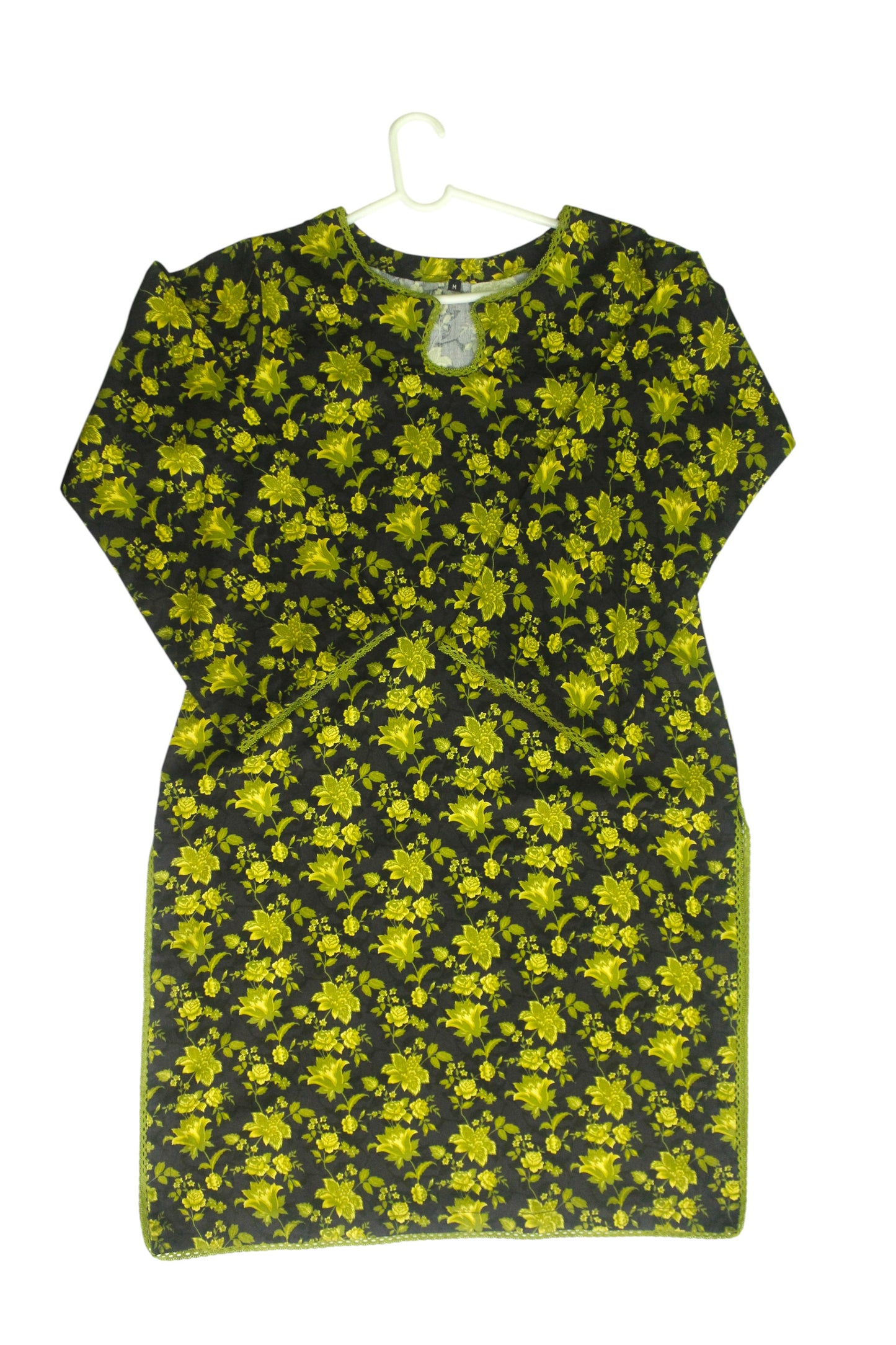 Elegant 3-Piece Printed Linen Banadora Suit with Lace Detailing – Black & Olive Green