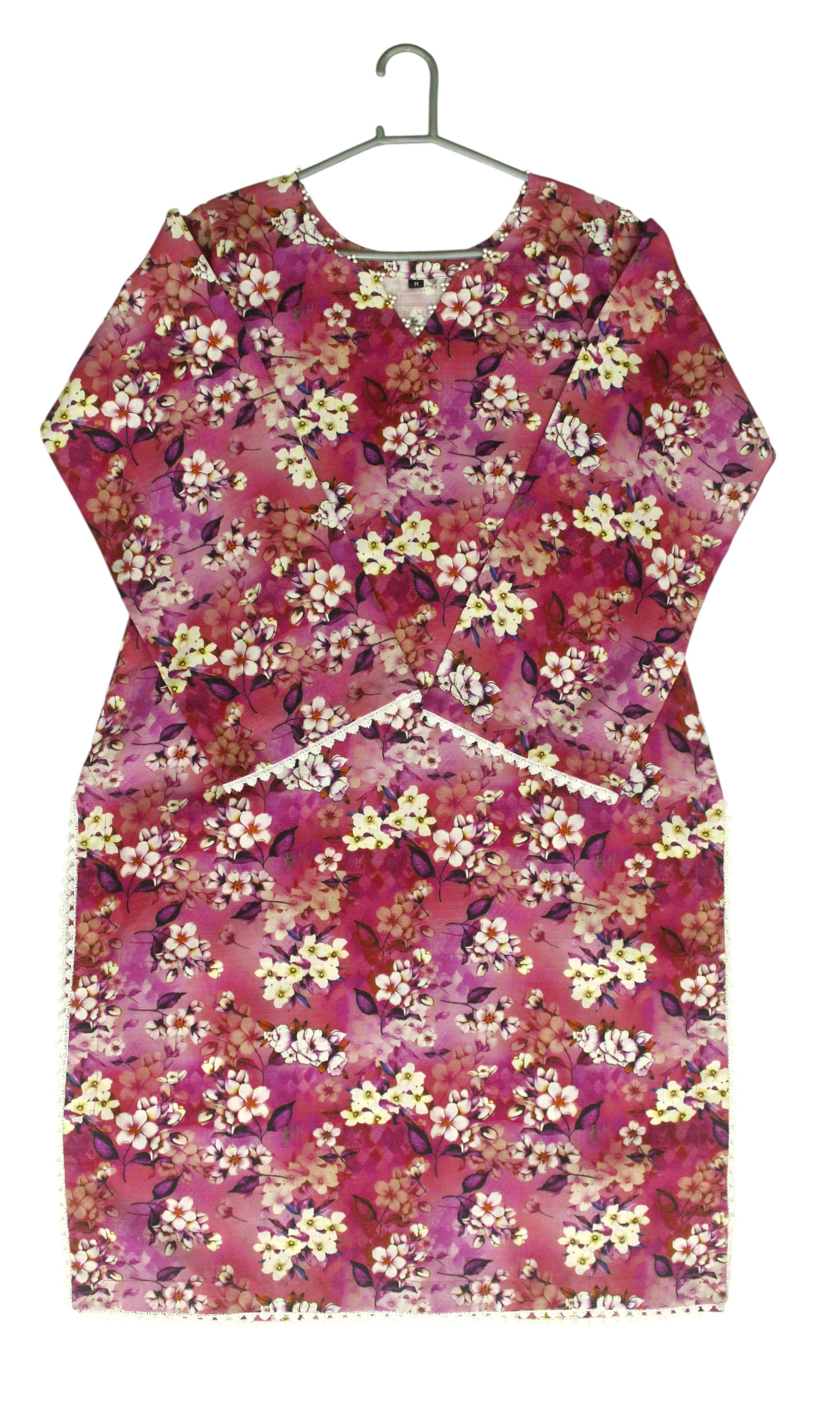 Pink Floral Printed Light Khaddar 3-Piece Suit with Pearl & Lace Detailing