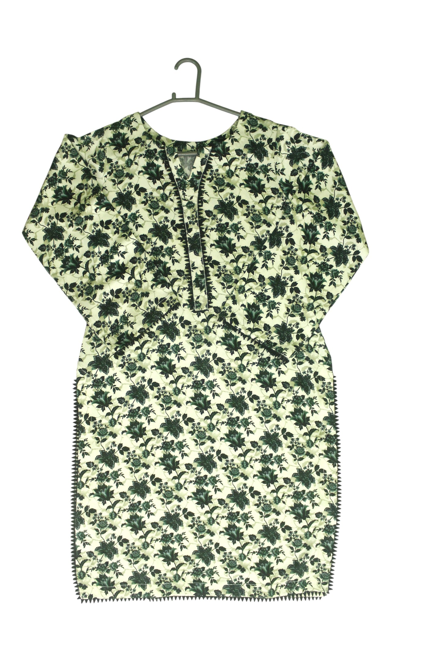 Cream White Printed Linen 3-Piece Banadora Suit with Green Floral & Lace Detailing