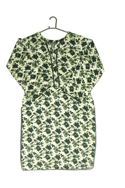 Cream White Printed Linen 3-Piece Banadora Suit with Green Floral & Lace Detailing