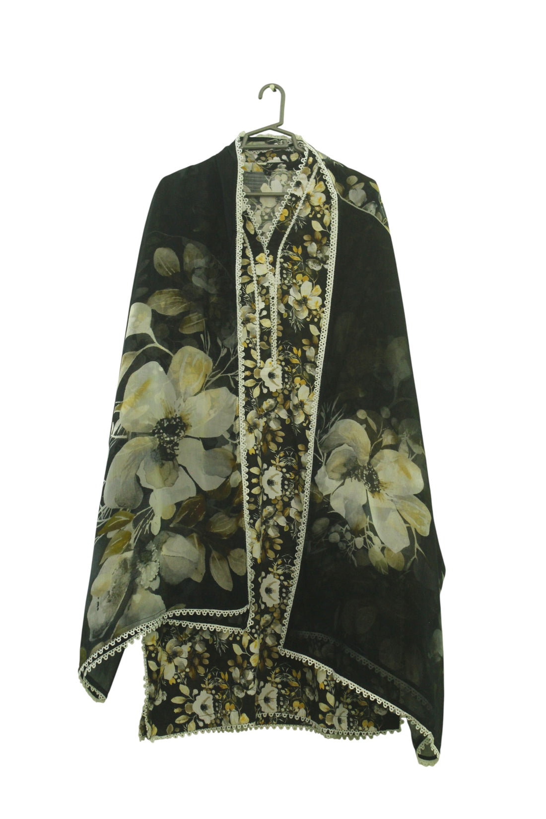 Black Printed Light Khaddar 3-Piece Suit with Lace Detailing