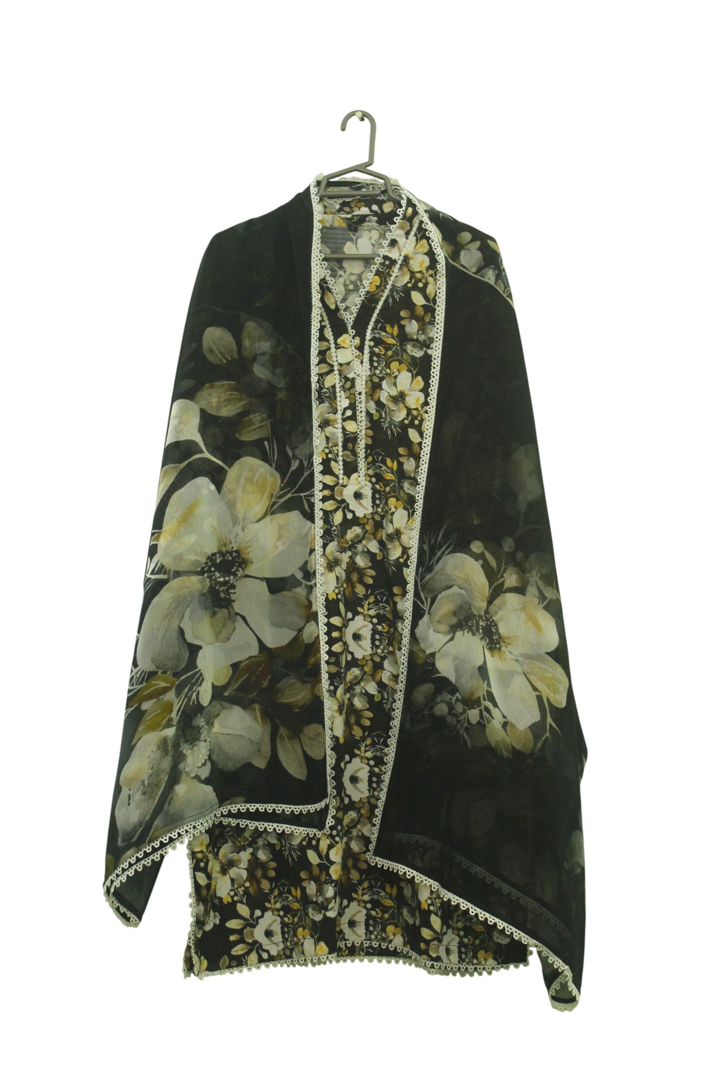 Black Printed Linen 3-Piece Banadora Suit with Lace Detailing