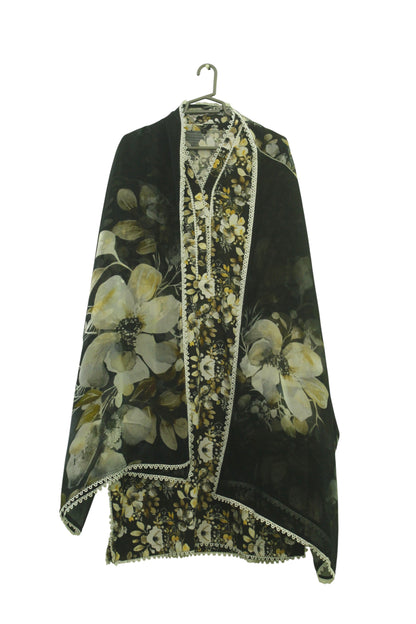 Black Printed Linen 3-Piece Banadora Suit with Lace Detailing