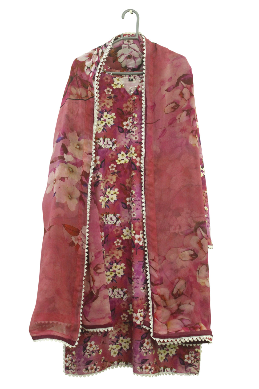 Pink Floral Printed Light Khaddar 3-Piece Suit with Pearl & Lace Detailing