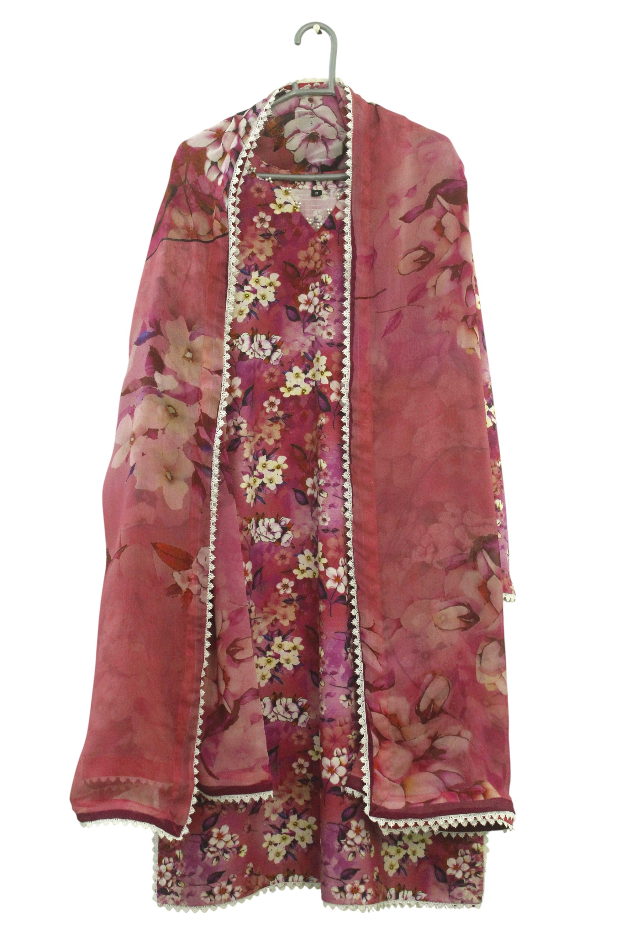 Pink Floral Printed Light Khaddar 3-Piece Suit with Pearl & Lace Detailing