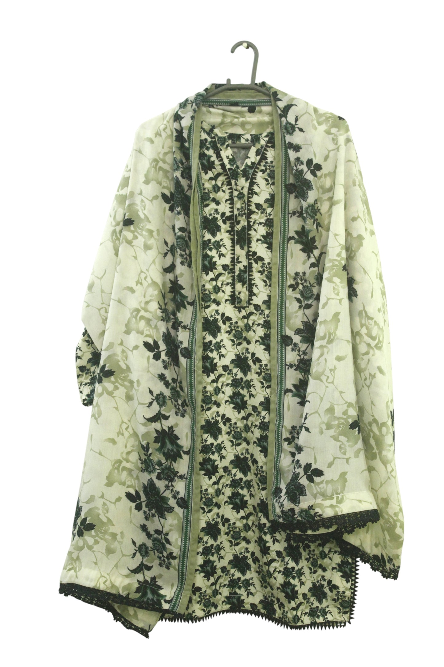 Cream White Printed Linen 3-Piece Banadora Suit with Green Floral & Lace Detailing