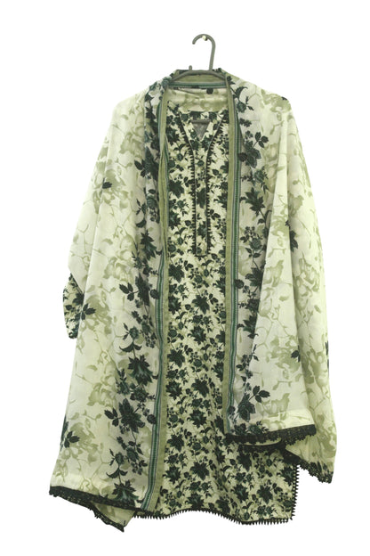 Cream White Printed Linen 3-Piece Banadora Suit with Green Floral & Lace Detailing