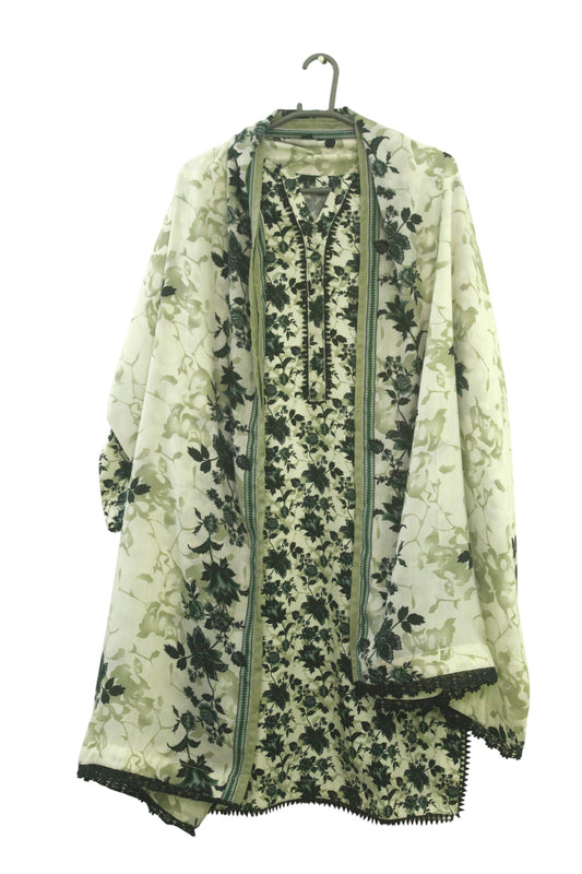 Cream White Printed Linen 3-Piece Banadora Suit with Green Floral & Lace Detailing