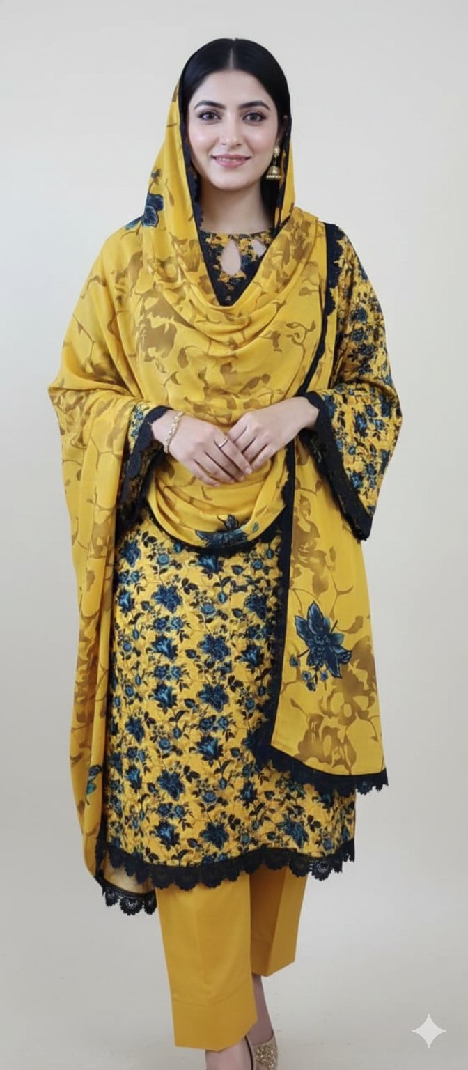 Yellow Floral Printed Light Khaddar 3 Piece – Mustard Yellow
