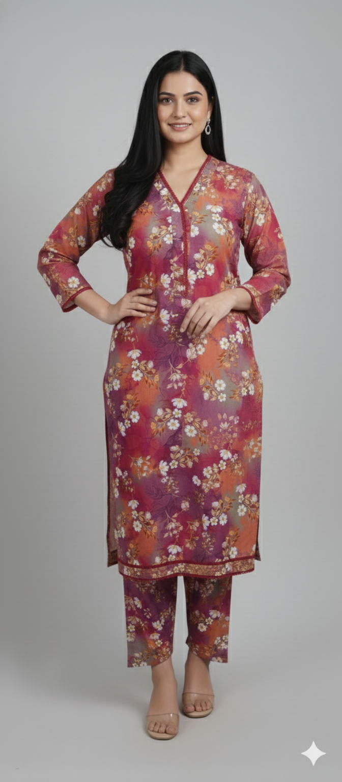 Printed Light Khaddar 2 Piece Suit with Lace – Multicolor Pink