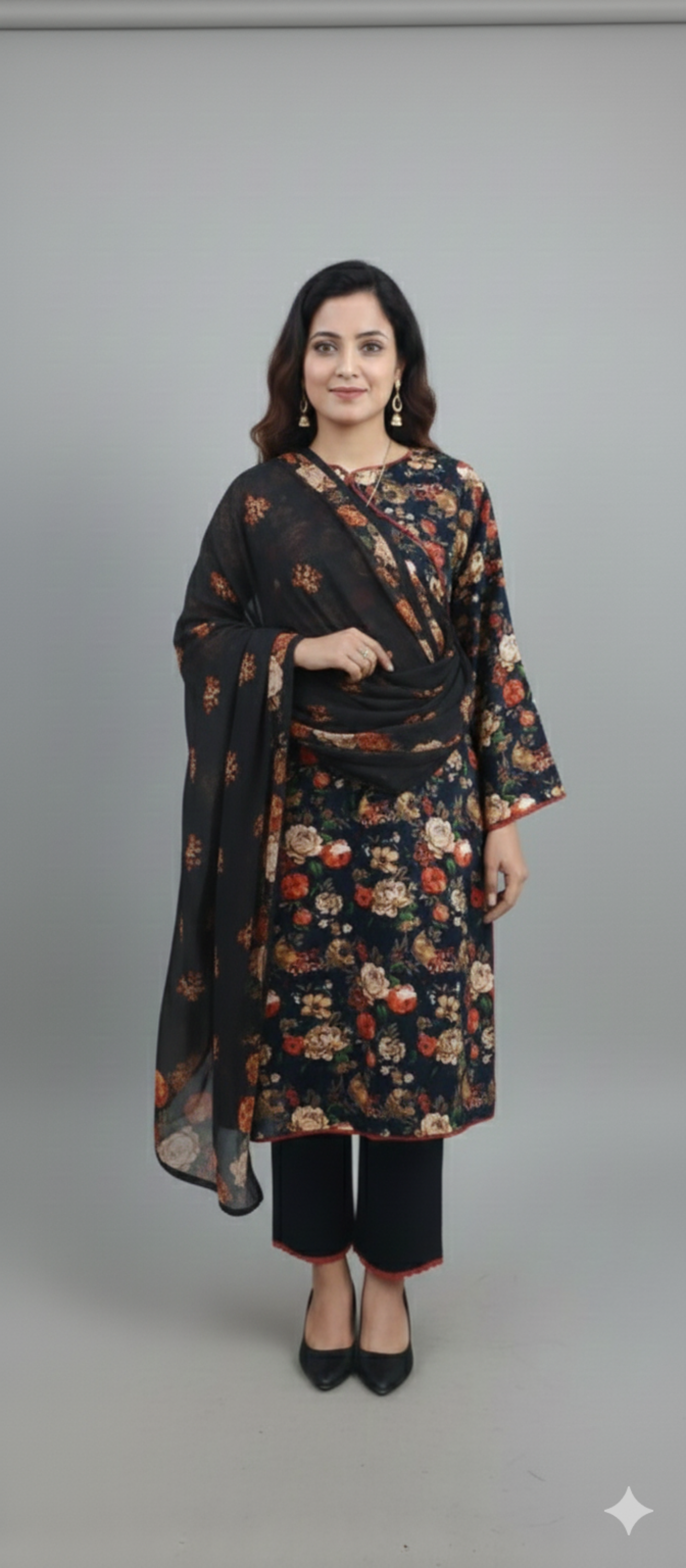 Black Floral Printed Light Khaddar 3-Piece Suit with Chiffon Dupatta & Lace Finishing