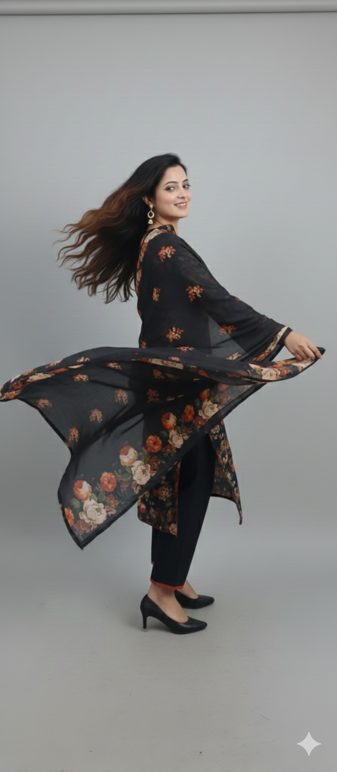 Black Floral Printed Light Khaddar 3-Piece Suit with Chiffon Dupatta & Lace Finishing