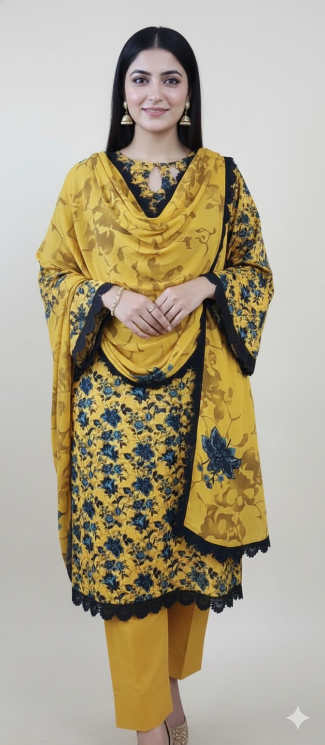 Yellow Floral Printed Light Khaddar 3 Piece – Mustard Yellow